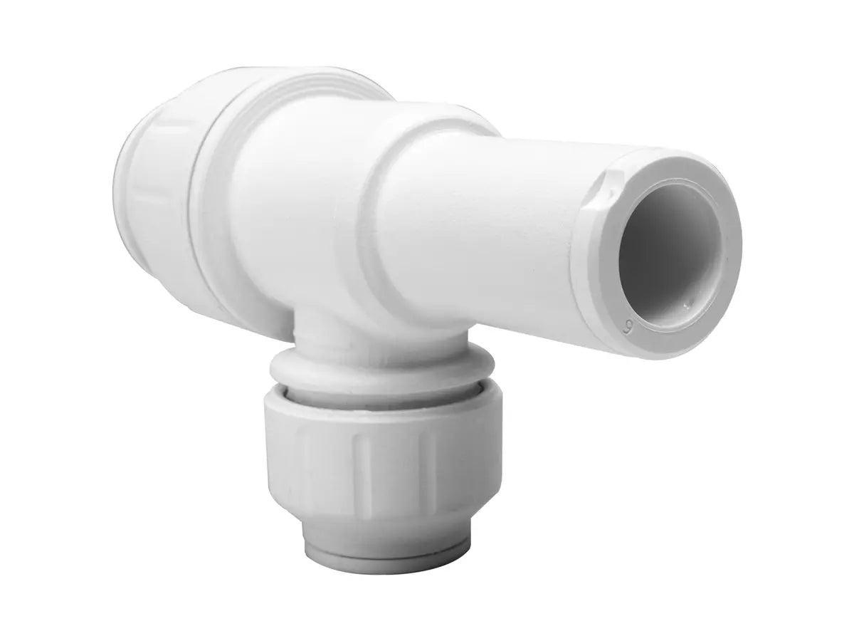 JG Speedfit Stem Tee Connector 22x22x15mm for reducing a 22mm pipe run to a 15mm branch. Push-fit connection for fast, secure, and tool-free installation. Leak-resistant with stainless steel Grip & Seal™ collet. Compatible with copper, PEX, and polybutylene. Ideal for tight spaces.

