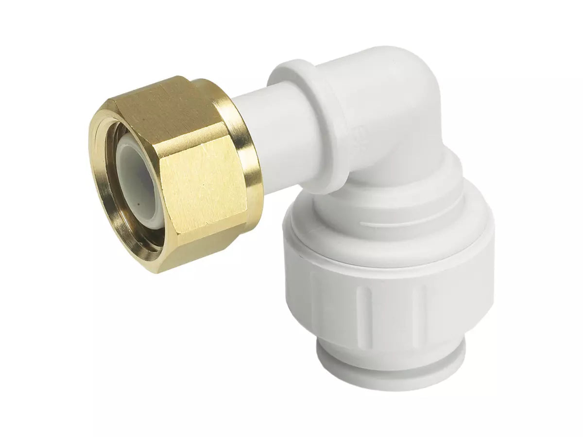 JG Speedfit Bent Tap Connector 15mm x 1/2" BSP for connecting copper, PEX, or PB pipe to BSP male threads. Features push-fit connection, brass swivel nut, and washer for a secure seal. Ideal for tight installations in water or heating systems. Fast, flame-free, UK-made fitting.