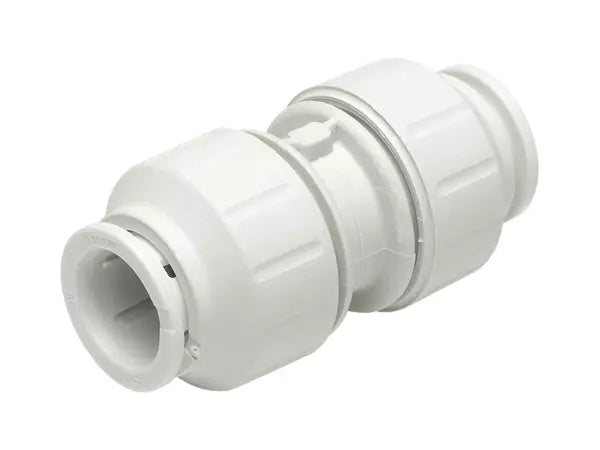 JG Speedfit Equal Straight Connector for 15mm and 22mm pipes. Quick push-fit fitting used to join two equal-sized pipes in plumbing and heating applications. Compatible with copper, PEX, and PB pipes. Tool-free, leak-resistant, reusable, and easy to install. Made in the UK.