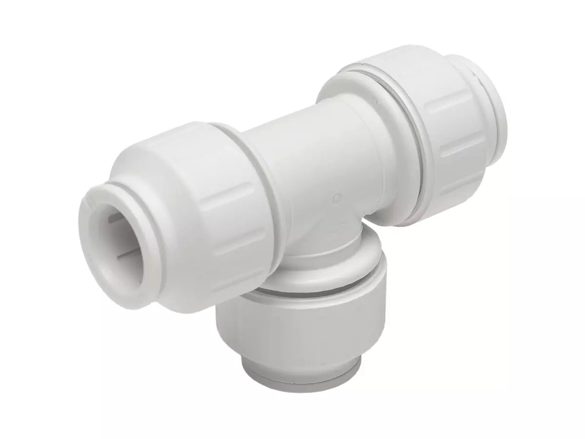 JG Speedfit Equal Tee Connector for 15mm and 22mm plumbing systems. Features push-fit technology for quick, tool-free pipe branching in hot/cold water and heating applications. Compatible with copper, PEX, and polybutylene pipes. Reusable, flame-free, and made in the UK