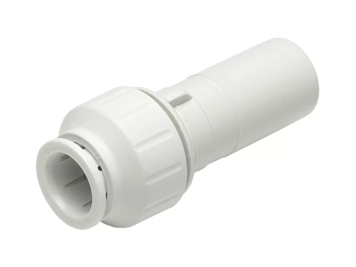 JG Speedfit Reducer push-fit fitting for connecting unequal pipe sizes. Features Twist & Lock® for added security and stainless steel Grip & Seal™ collet. Tool-free, flame-free installation on copper, PEX, and polybutylene. Ideal for plumbing and heating systems in tight spaces.