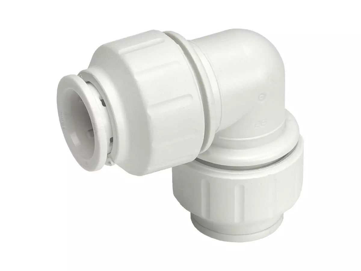 JG Speedfit Reducing Elbow Connector for joining 15mm to 10mm or 22mm to 15mm pipe at a 90° angle. Push-fit design ensures quick, tool-free, and flame-free installation. Ideal for plumbing in tight areas. Compatible with copper, PEX, and polybutylene pipes. Leak-free and reusable.