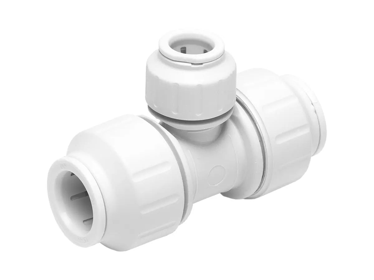 JG Speedfit Reducing Tee Connectors in 15x15x22mm, 22x15x15mm, 22x15x22mm, and 22x22x15mm sizes. Push-fit plumbing fittings for quick pipe branching and size reduction. No tools or heat needed. Compatible with copper, PEX, and polybutylene pipes. Ideal for plumbing and heating systems.

