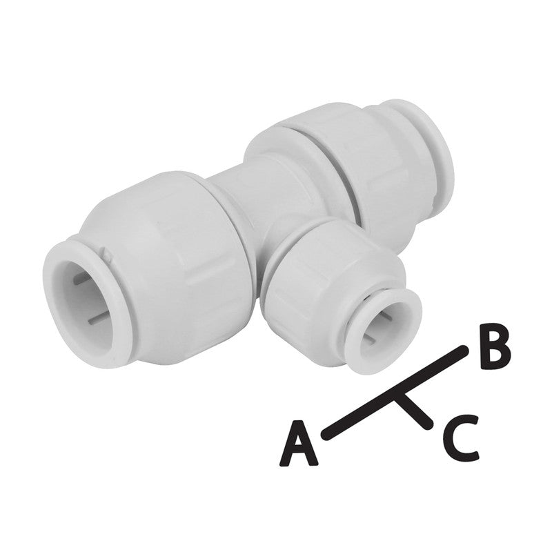 JG Speedfit Reducing Tee Connectors in 15x15x22mm, 22x15x15mm, 22x15x22mm, and 22x22x15mm sizes. Push-fit plumbing fittings for quick pipe branching and size reduction. No tools or heat needed. Compatible with copper, PEX, and polybutylene pipes. Ideal for plumbing and heating systems.


