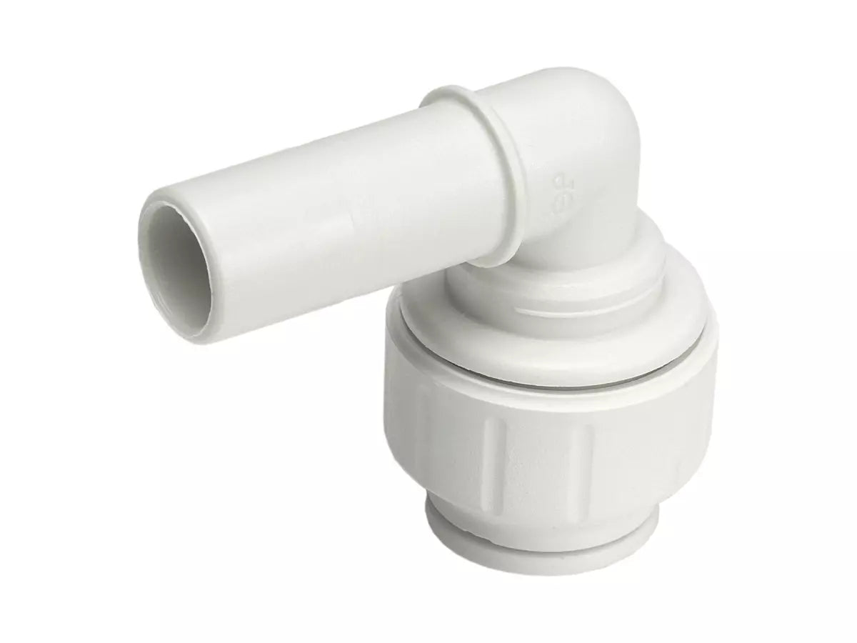JG Speedfit Stem Elbow Connector for 15mm and 22mm pipe systems. Compact 90° elbow with one push-fit end and one stem end for tight or confined spaces. Quick, tool-free installation in plumbing and heating systems. Works with copper, PEX, and PB pipe. Leak-free and reusable.

