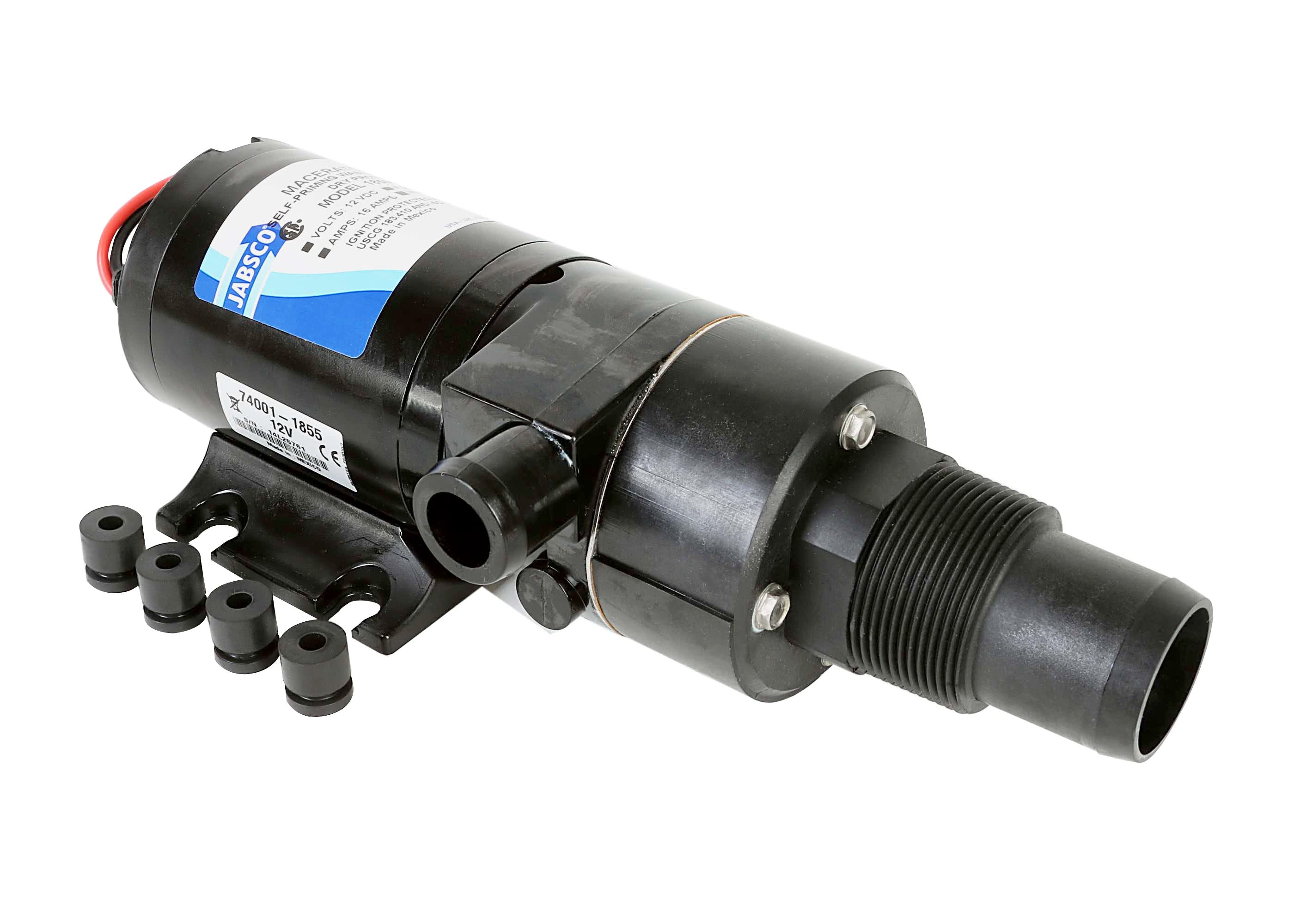 Jabsco waste water macerator pump with 12GPM flow rate, available in 12V and 24V models. Features include a nitrile impeller, dry-run protection, and compact corrosion-resistant housing. Ideal for marine blackwater tank evacuation and waste discharge systems.