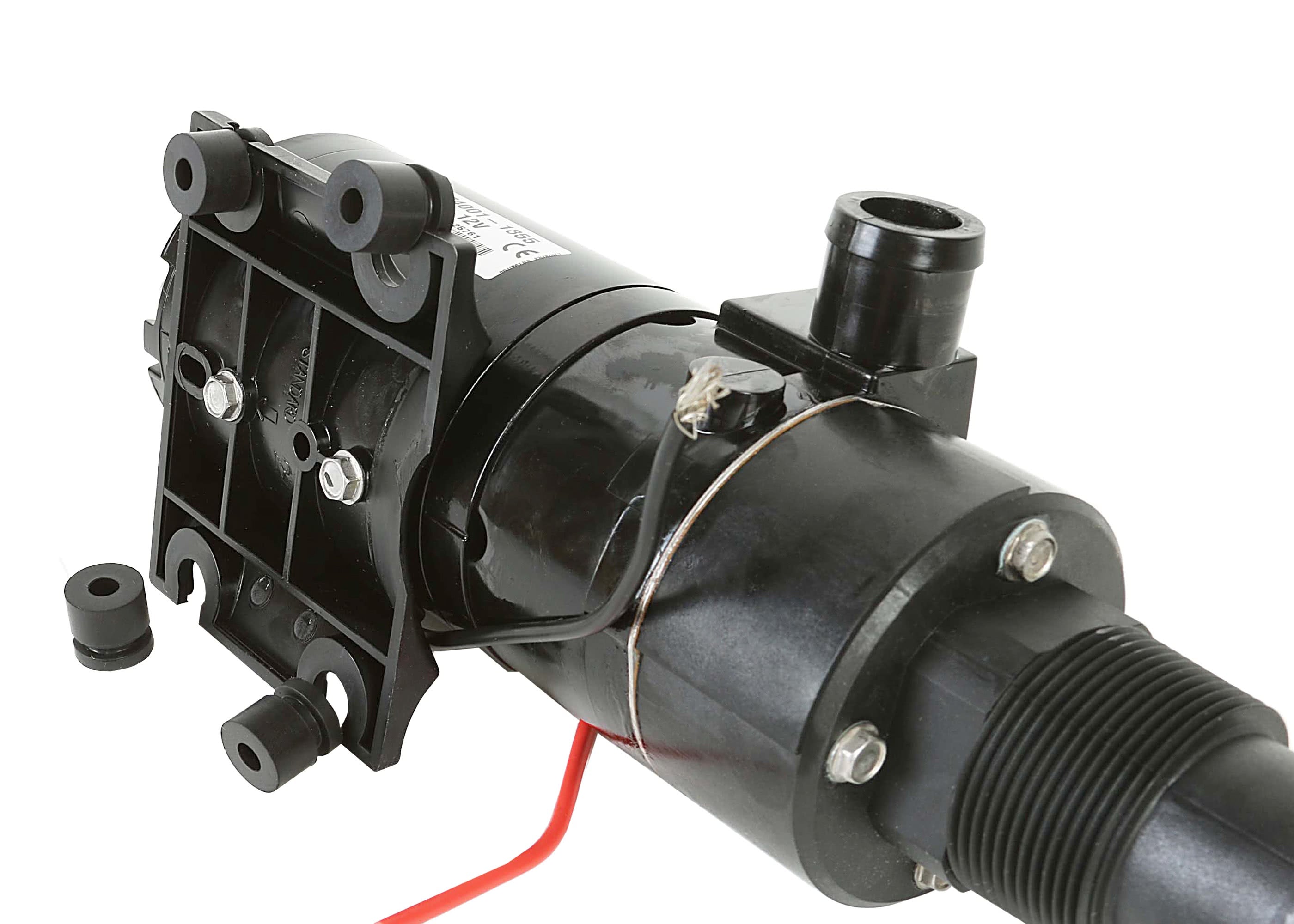 Jabsco waste water macerator pump with 12GPM flow rate, available in 12V and 24V models. Features include a nitrile impeller, dry-run protection, and compact corrosion-resistant housing. Ideal for marine blackwater tank evacuation and waste discharge systems.