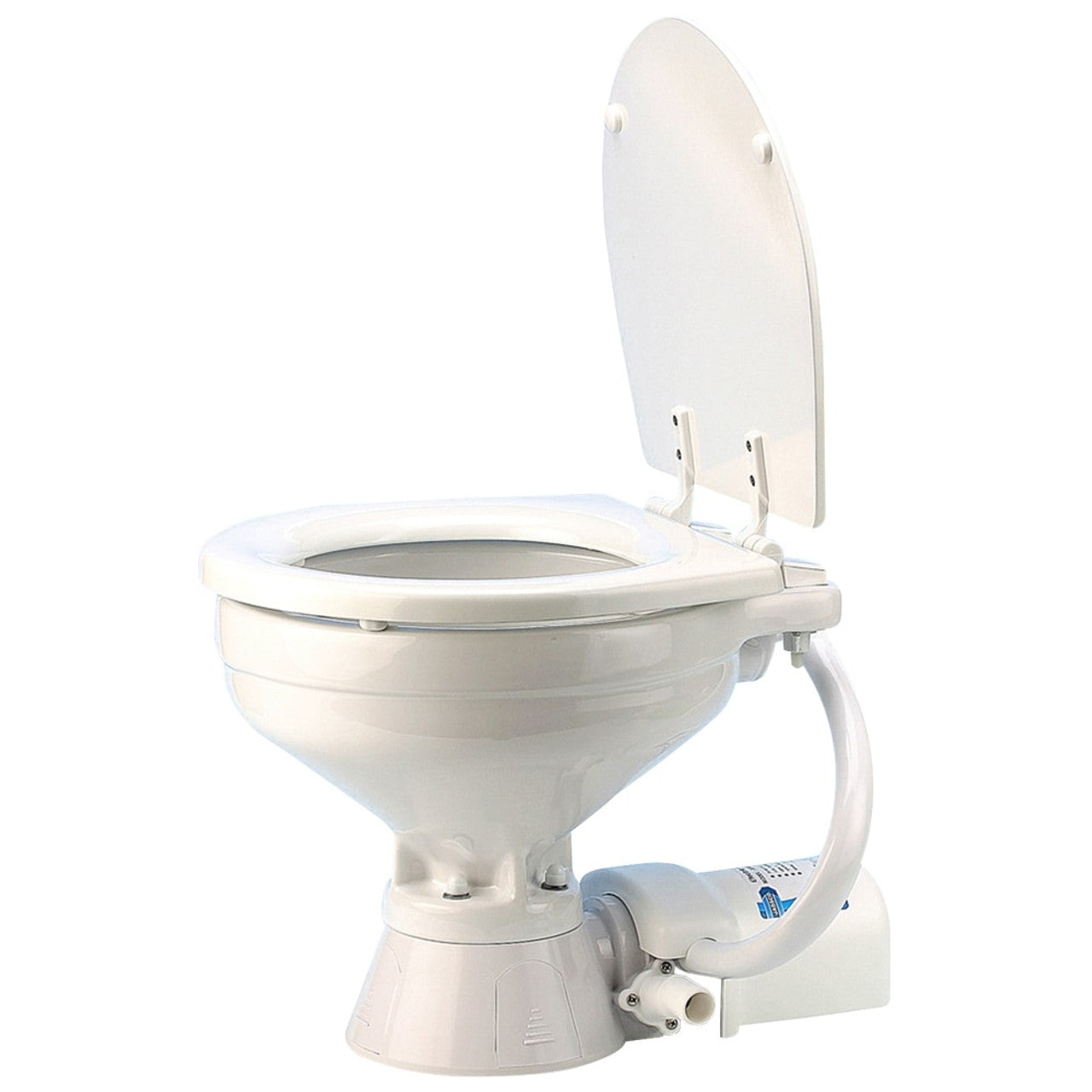 Jabsco Electric Marine Toilet with white vitreous china bowl, baked enamel seat, and built-in backflow preventer. Suitable for 12V and 24V DC marine systems. Compact, quiet, and ideal for sailboats, powerboats, and yachts.