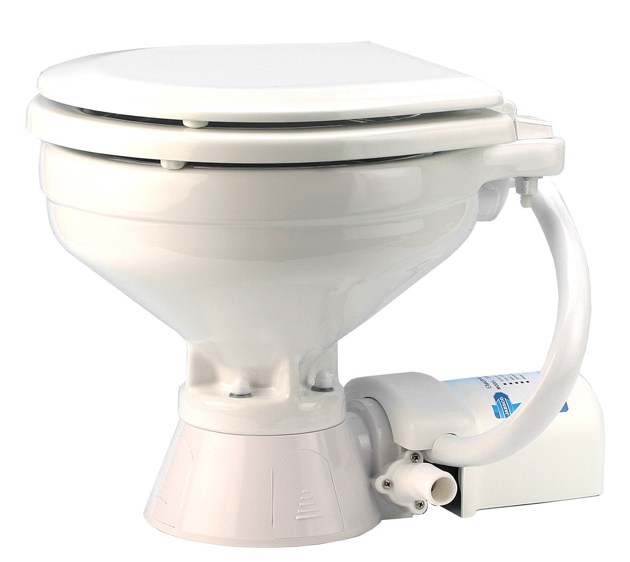 Jabsco Electric Marine Toilet with white vitreous china bowl, baked enamel seat, and built-in backflow preventer. Suitable for 12V and 24V DC marine systems. Compact, quiet, and ideal for sailboats, powerboats, and yachts.