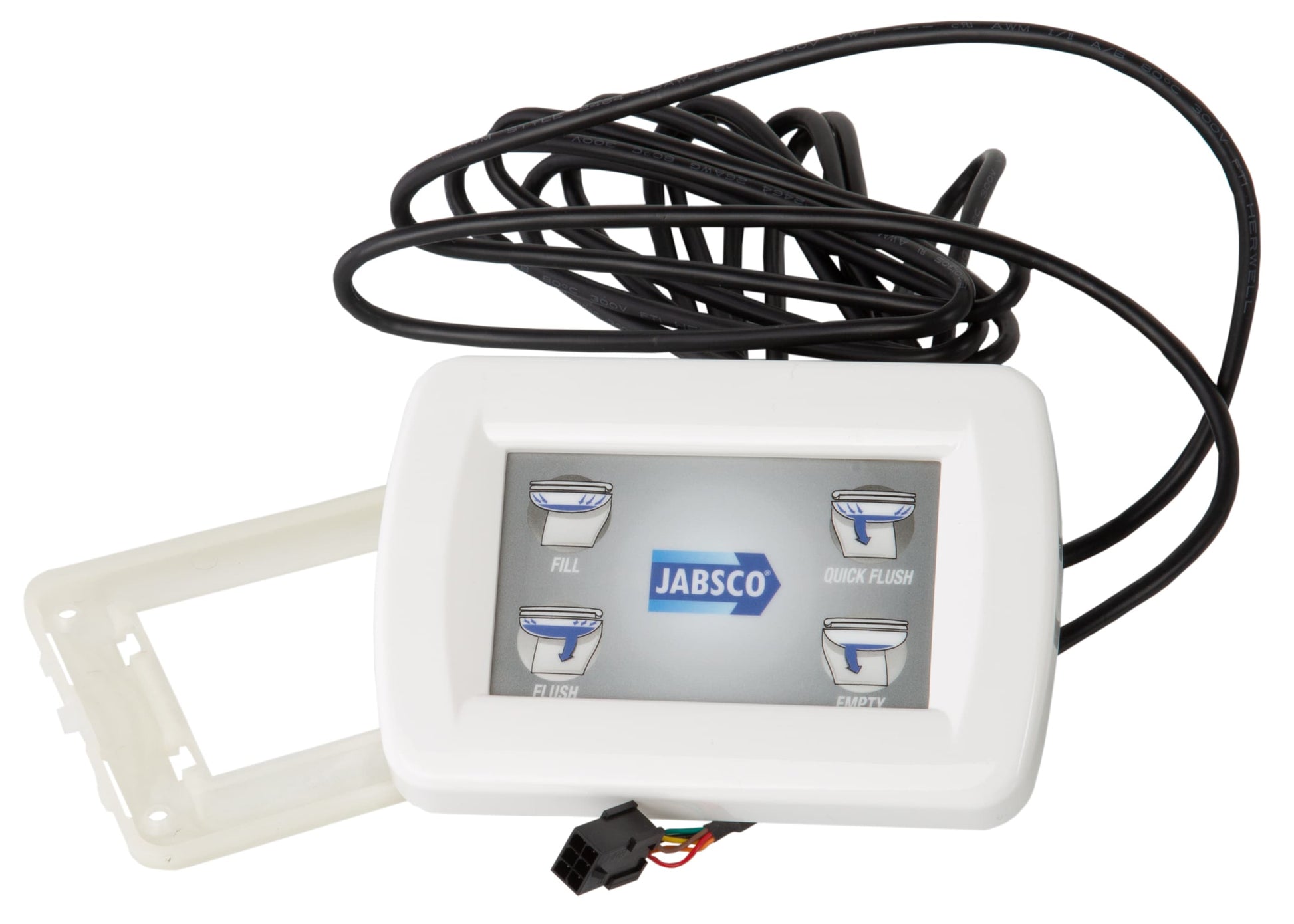 Jabsco marine toilet control kit featuring a touch-button control panel. Designed for use with electric marine toilets like Jabsco Quiet Flush. Offers multiple flush modes, reliable operation, and water-resistant housing for onboard marine sanitation systems.