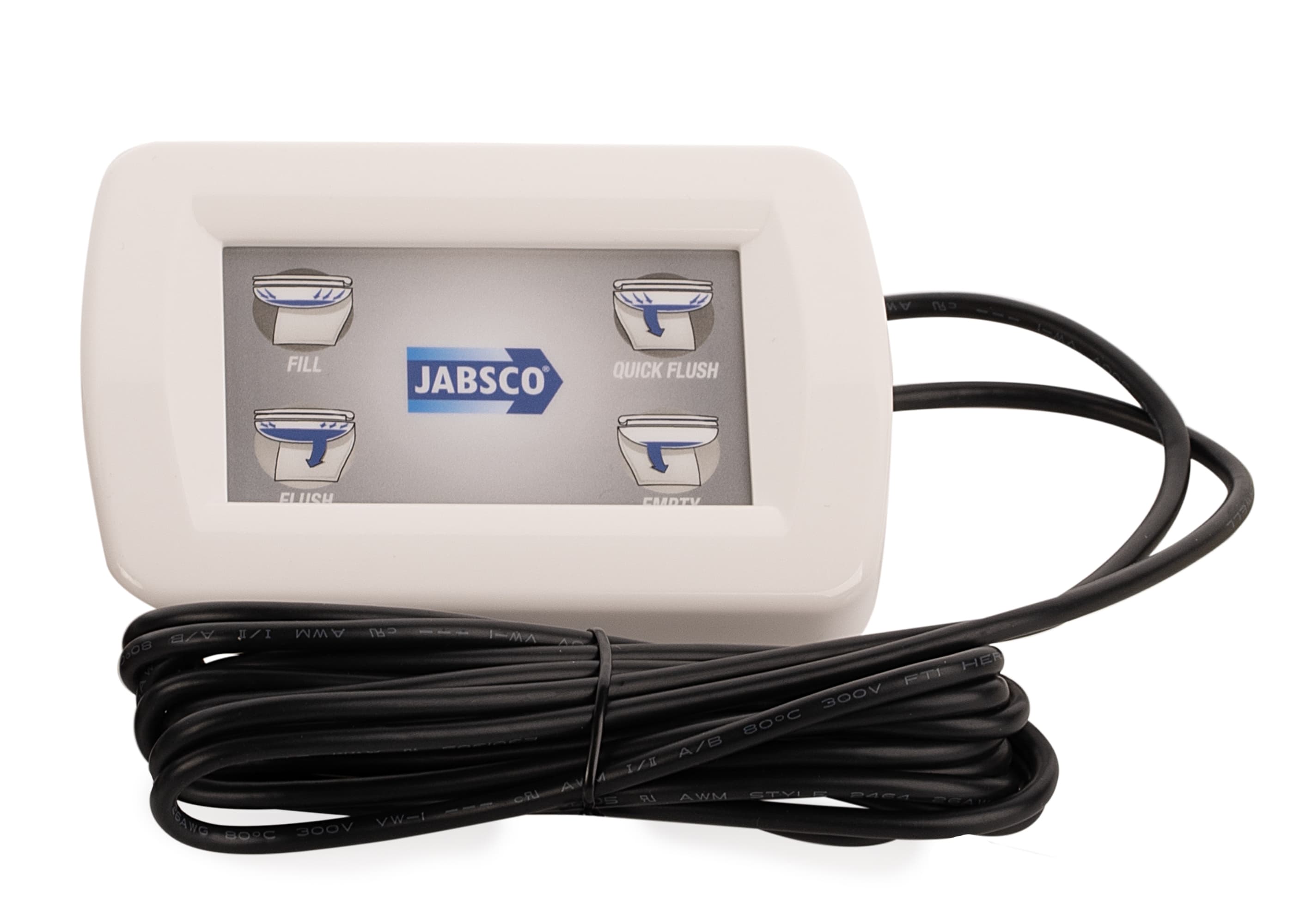 Jabsco marine toilet control kit featuring a touch-button control panel. Designed for use with electric marine toilets like Jabsco Quiet Flush. Offers multiple flush modes, reliable operation, and water-resistant housing for onboard marine sanitation systems.