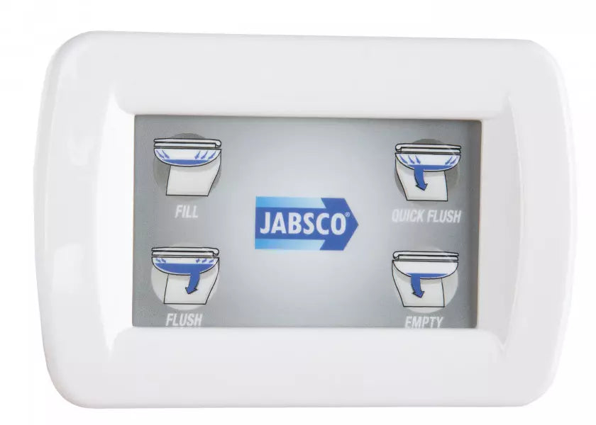 Jabsco marine toilet control kit featuring a touch-button control panel. Designed for use with electric marine toilets like Jabsco Quiet Flush. Offers multiple flush modes, reliable operation, and water-resistant housing for onboard marine sanitation systems.