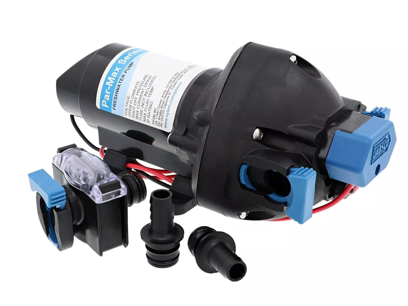 Jabsco PARMAX 3 water pressure pump in 12V (31395-4012-3A) and 24V (31395-4042-3A) versions. Designed for quiet, reliable freshwater delivery in boats and RVs. Self-priming, automatic shut-off, and corrosion-resistant compact build for marine use.
