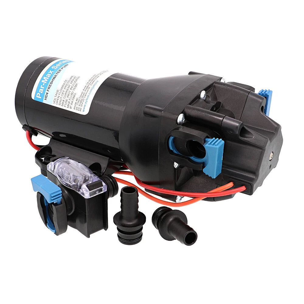 Jabsco Par-Max HD4 heavy-duty 4 GPM water pressure pump with 60 PSI shut-off. Available in 12V (Q401J-118S-3A) and 24V (Q402J-118S-3A). 5-chamber design, self-priming, and quiet operation for marine, RV, and pressurized water systems.

