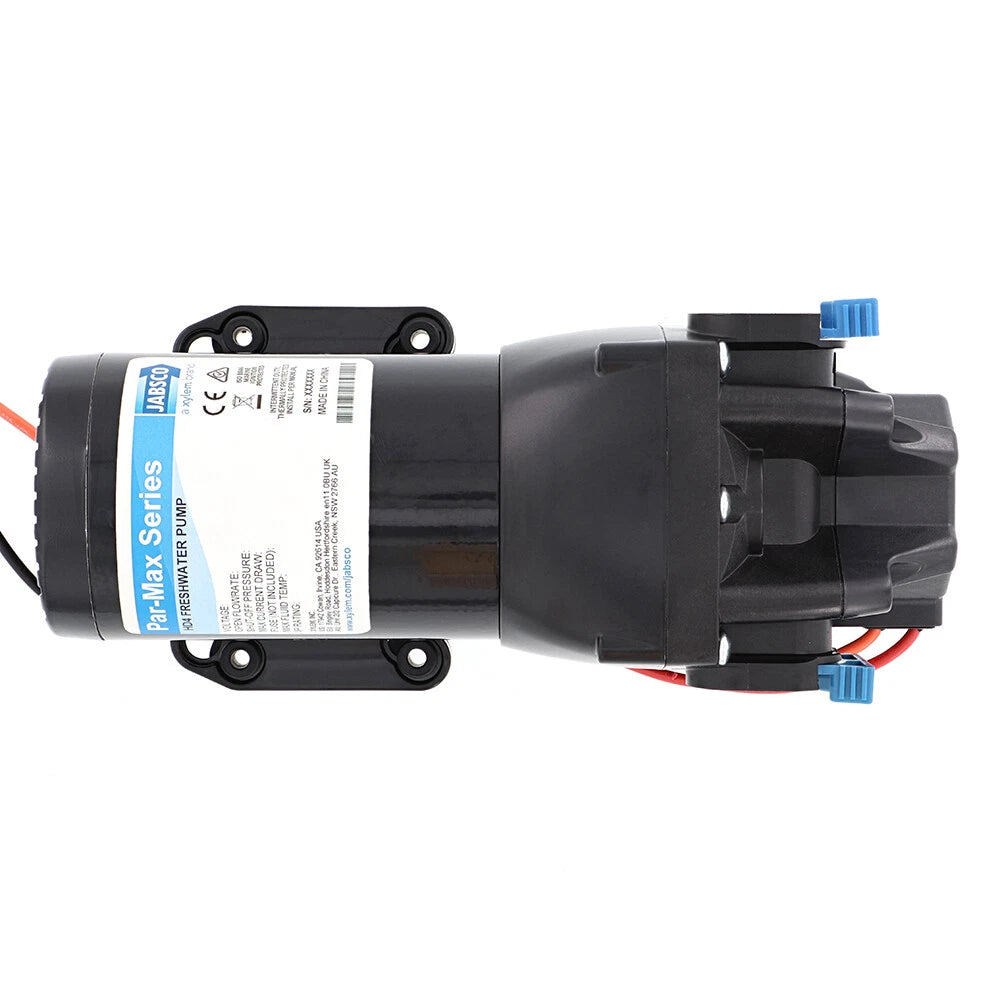 Jabsco Par-Max HD4 heavy-duty 4 GPM water pressure pump with 60 PSI shut-off. Available in 12V (Q401J-118S-3A) and 24V (Q402J-118S-3A). 5-chamber design, self-priming, and quiet operation for marine, RV, and pressurized water systems.

