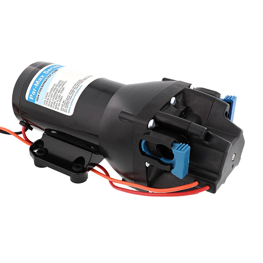 Jabsco Par-Max HD4 heavy-duty water pump, 4 GPM, 40 PSI, available in 12V (Q401J-115S-3A) and 24V (Q402J-115S-3A). Features include self-priming up to 7 ft, run-dry capability, quiet performance, and quick-connect ports. Ideal for boats, yachts, and RV fresh water systems.

