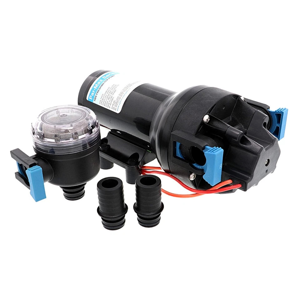 Jabsco Par-Max HD6 heavy-duty water pressure pump, available in 12V (Q601J-218S-3A) and 24V (P602J-218S-3A). 6 GPM flow, 60 PSI shut-off, 5-chamber design, and quiet, self-priming operation. Designed for marine, RV, and off-grid pressurized water systems.

