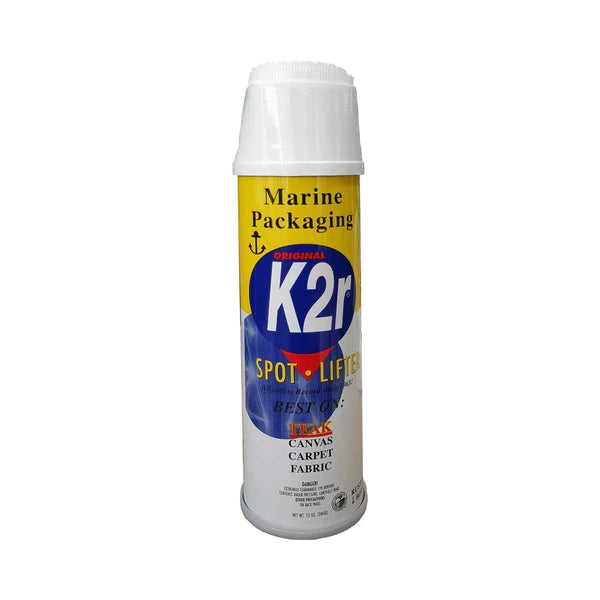 K2R Marine Spot Lifter 12 oz (355 ml) can with ergonomic brush cap – effective stain remover for oil, grease, and food stains on teak decks, upholstery, carpets, and canvas. Fast-drying, marine-safe formula with rust-resistant can.

