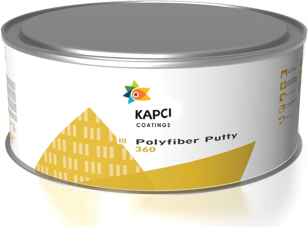 KAPCI Poly‑Fiber Putty 360 1.2 kg heavy‑duty polyester filler tub with fiber reinforcement, applicator and mixing board—perfect for strong repairs on cars, metal, fiberglass, and wood. Fast-curing, easy to sand, and ready for painting.