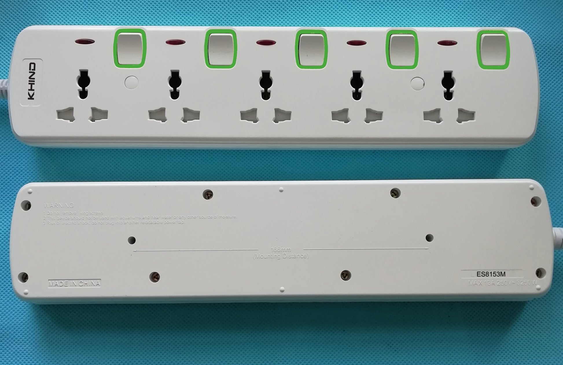 KHIND ES8153M5M 5-way universal extension socket featuring 5-meter cable, neon indicator, fire retardant housing, and molded 13A plug for 250V AC. Ideal for residential, commercial, and marine use. Available in Rimal Marine.