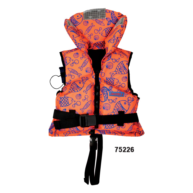 LALIZAS 100N orange child lifejacket showing flotation collar, secure crotch strap and reflective safety tapes.