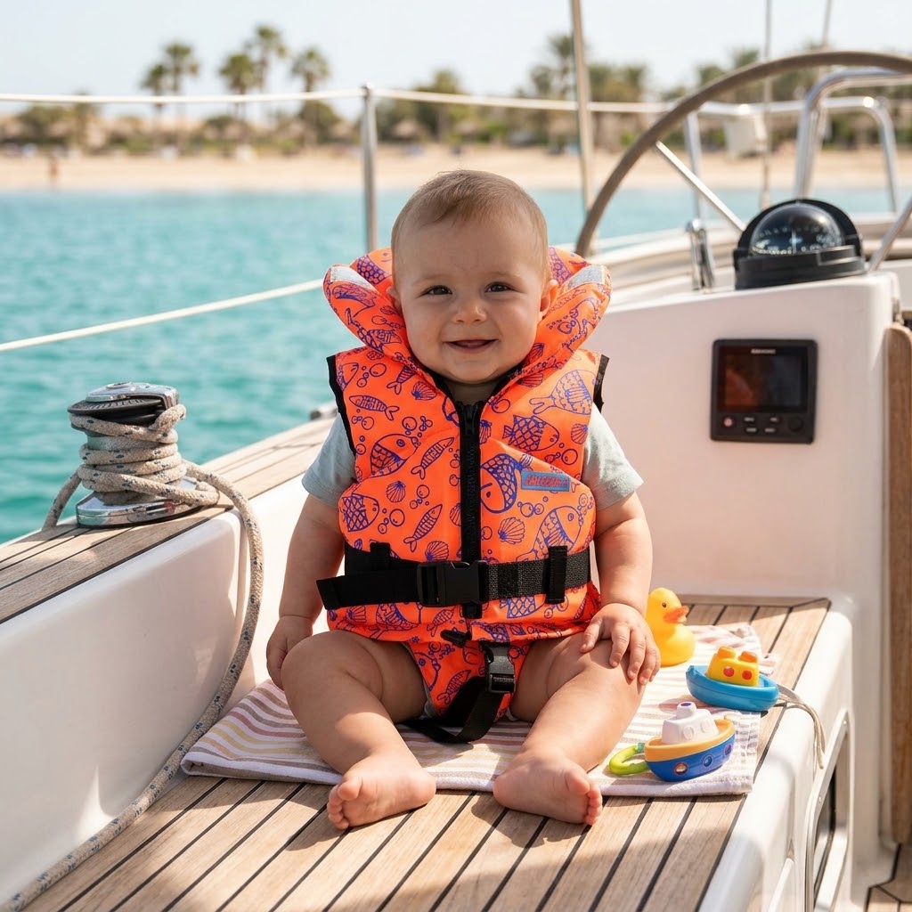 Infant weighing under 10 kg wearing an orange LALIZAS 75217 safety lifejacket with blue ocean patterns while seated on a sunny boat deck.
child lifejacket showing flotation collar, secure crotch strap and reflective safety tapes.