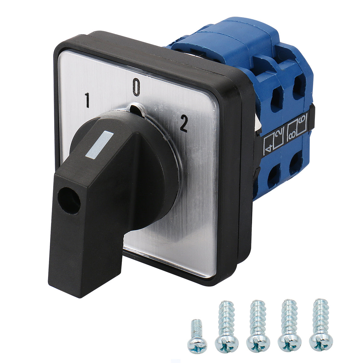 Changeover rotary cam switch model LW26-25A-8, rated 25A, 660V with 8 terminals, featuring 2-pole 3-position latching operation. Ideal for marine and industrial control systems. Reliable performance from Rimal Marine.
