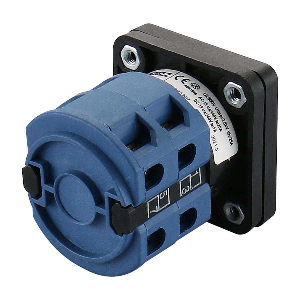 Changeover rotary cam switch model LW26-25A-8, rated 25A, 660V with 8 terminals, featuring 2-pole 3-position latching operation. Ideal for marine and industrial control systems. Reliable performance from Rimal Marine.

