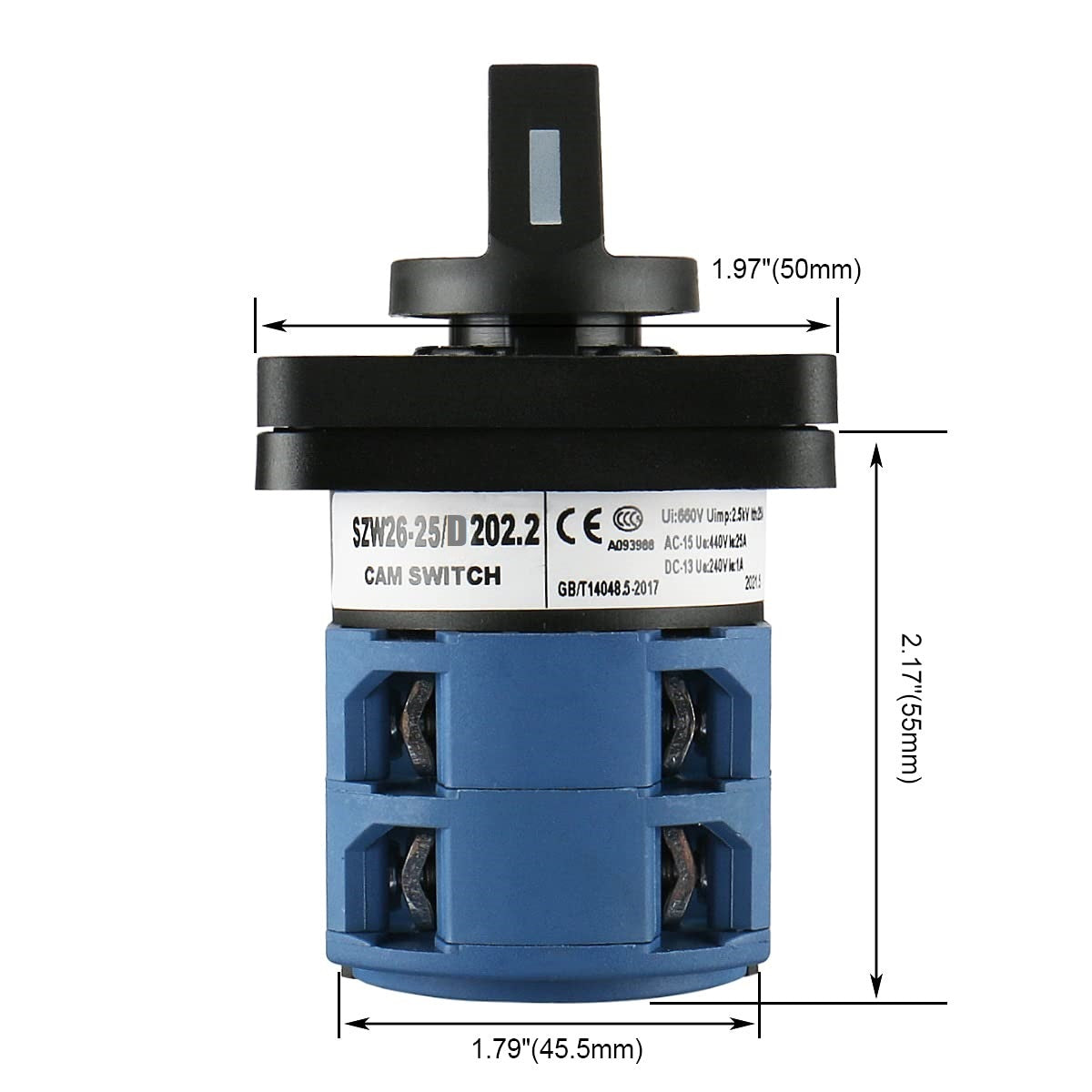 Changeover rotary cam switch model LW26-25A-8, rated 25A, 660V with 8 terminals, featuring 2-pole 3-position latching operation. Ideal for marine and industrial control systems. Reliable performance from Rimal Marine.
