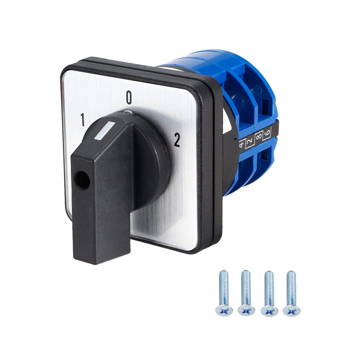 Rotary universal changeover switch LW26-32A-8, 32A rated at 660V, with 8 terminals and 1-0-2 configuration for 2-phase systems. Designed for reliable switching in marine and industrial control panels. Provided by Rimal Marine.