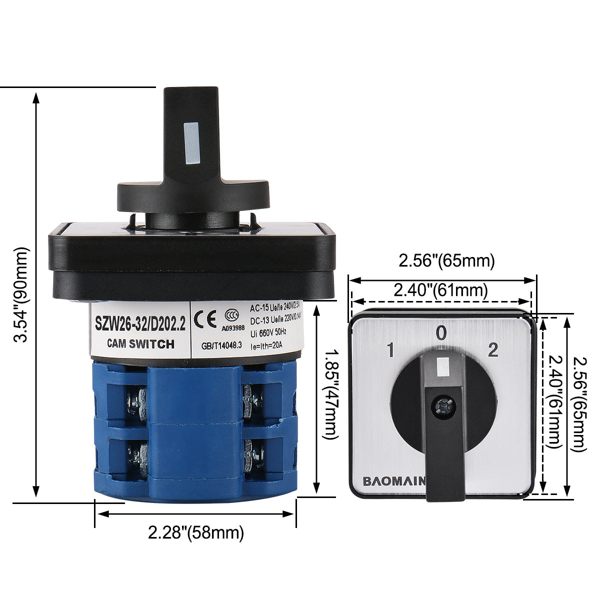 Rotary universal changeover switch LW26-32A-8, 32A rated at 660V, with 8 terminals and 1-0-2 configuration for 2-phase systems. Designed for reliable switching in marine and industrial control panels. Provided by Rimal Marine.