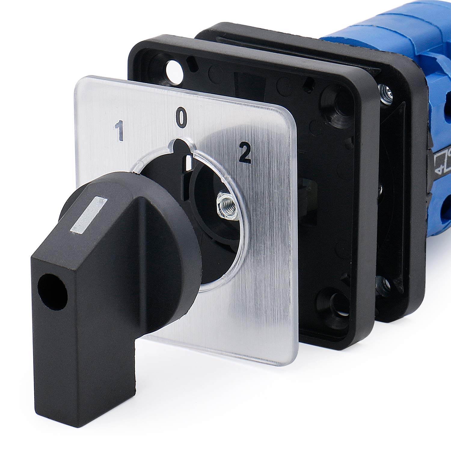 Rotary universal changeover switch LW26-32A-8, 32A rated at 660V, with 8 terminals and 1-0-2 configuration for 2-phase systems. Designed for reliable switching in marine and industrial control panels. Provided by Rimal Marine.

