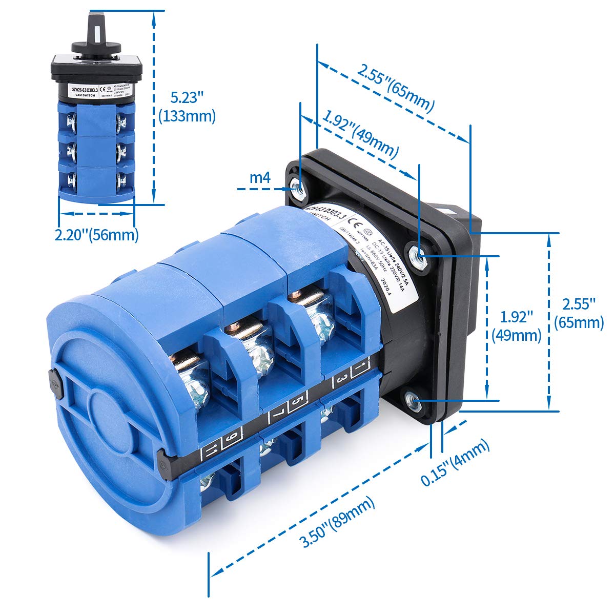 Universal rotary selector cam changeover switch LW26-63A-12, 63A capacity, 660V, with 12 terminals and 3-position operation. Suitable for 3-phase power control in marine and industrial setups. Compact, durable and reliable. Supplied by Rimal Marine.

