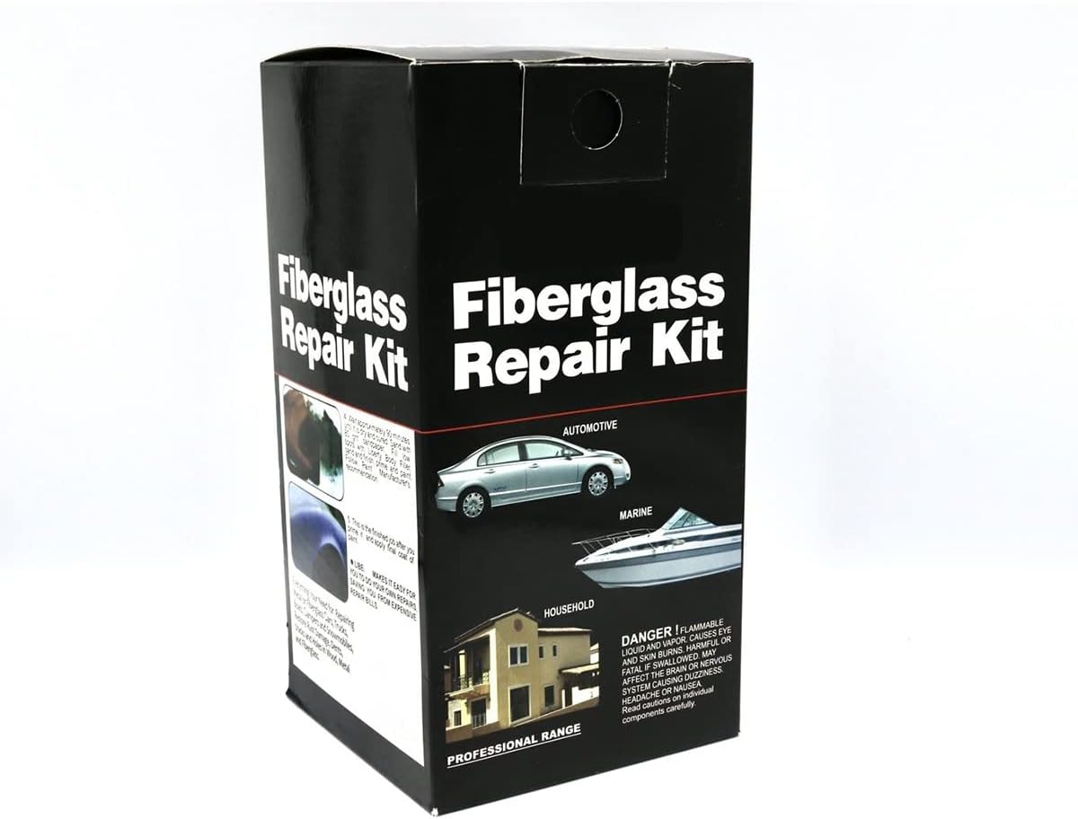 Liberty Fiberglass Repair Kit with fiberglass cloth, resin & hardener, gloves, mixing sticks, and brush – ideal for patching cracks, holes, and structural damage on boats, cars, tubs, RVs and more; includes all tools for easy fiberglass repair.

