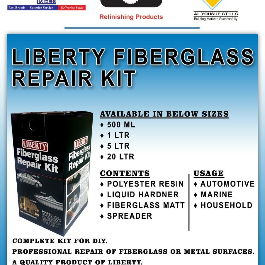 Liberty Fiberglass Repair Kit with fiberglass cloth, resin & hardener, gloves, mixing sticks, and brush – ideal for patching cracks, holes, and structural damage on boats, cars, tubs, RVs and more; includes all tools for easy fiberglass repair.

