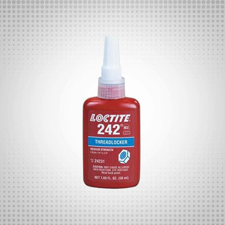 Loctite 242 blue threadlocker—a medium-viscosity, anaerobic adhesive for locking and sealing threaded fasteners from 6 to 19 mm (¼–¾″). Thixotropic formula resists migration, protects against vibration and corrosion, yet allows easy disassembly with hand tools.