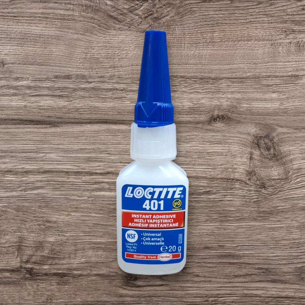 Loctite® 401 Instant Adhesive 20g bottle—clear, low-viscosity cyanoacrylate suitable for bonding metals, plastics, rubber, wood, paper, leather, and fabric. Fast-curing at room temperature, offering high shear strength and excellent durability.