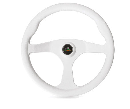 M-FLEX 13.5" steering wheel in black and white finish, built with non-magnetic, corrosion-resistant materials. Designed for marine environments, it fits standard 3/4" tapered shafts and offers a secure, ergonomic grip for smooth and reliable boat control.

