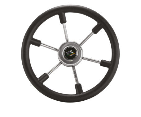 M-FLEX steering wheel made of polyurethane (PU), 13.5" diameter, featuring a soft-touch, non-slip grip. Designed for marine use with corrosion and UV resistance, and compatible with 3/4" tapered helm shafts. Ideal for boats and harsh weather conditions.

