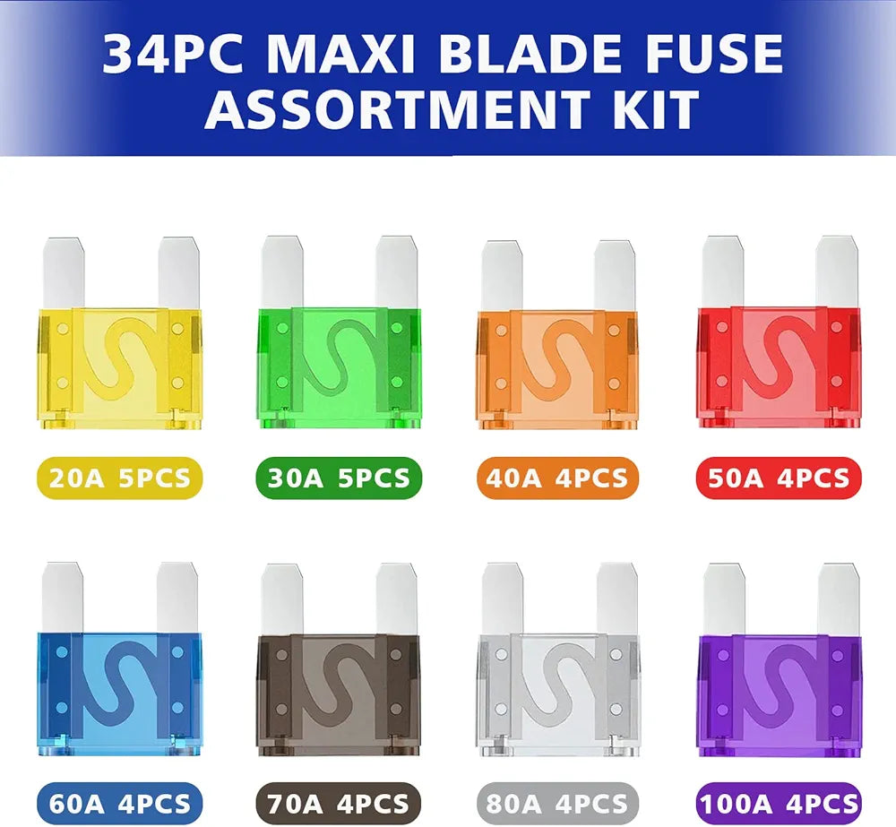 Set of 5 MAXI blade fuses rated 20A to 100A for high-current 12V/24V automotive and marine circuits. Durable, heat-resistant design ideal for fuse blocks and inline holders in cars, boats, and RVs. Heavy-duty protection by Rimal Marine.