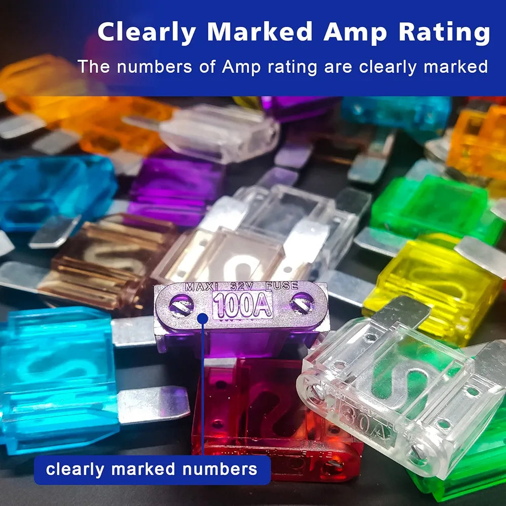 Set of 5 MAXI blade fuses rated 20A to 100A for high-current 12V/24V automotive and marine circuits. Durable, heat-resistant design ideal for fuse blocks and inline holders in cars, boats, and RVs. Heavy-duty protection by Rimal Marine.

