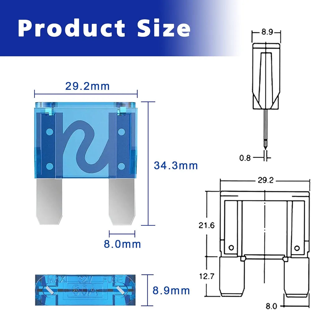 Set of 5 MAXI blade fuses rated 20A to 100A for high-current 12V/24V automotive and marine circuits. Durable, heat-resistant design ideal for fuse blocks and inline holders in cars, boats, and RVs. Heavy-duty protection by Rimal Marine.