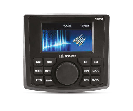 Front view of the MAZUZEE 200W Bluetooth Marine Stereo with a square waterproof faceplate, illuminated controls, LCD display, and ports for USB, AUX, and antenna; designed for boats, pontoons, and outdoor vehicles needing reliable audio in harsh marine conditions.