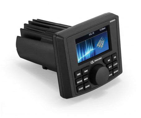Front view of the MAZUZEE 200W Bluetooth Marine Stereo with a square waterproof faceplate, illuminated controls, LCD display, and ports for USB, AUX, and antenna; designed for boats, pontoons, and outdoor vehicles needing reliable audio in harsh marine conditions.