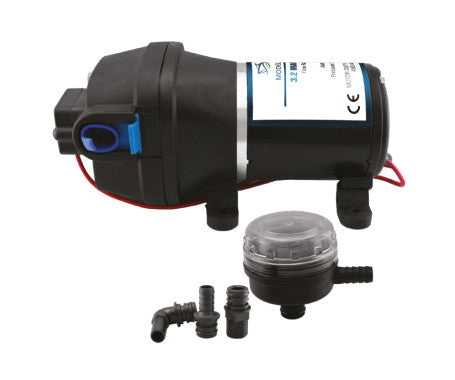 MAZUZEE MMZWP12V-3.2 automatic water pump provides 3.2 GPM flow at 12V. Features include self-priming, low power draw, quiet operation, and 40 PSI shut-off pressure. Perfect for RV, marine, and off-grid water systems with compact, efficient design.