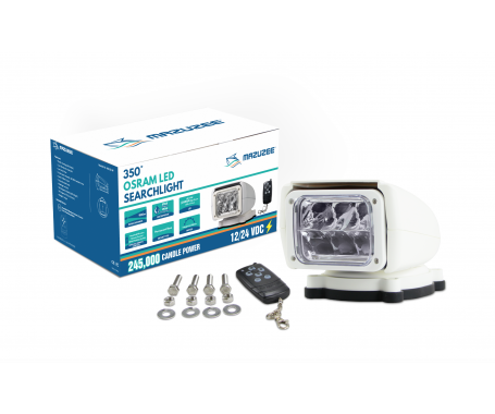 MAZUZEE 350° Osram LED Searchlight MZLSL1W with 245,000 candle power output, featuring powerful Osram LEDs, durable marine-grade housing, and smooth rotation for optimal visibility on boats and yachts. Available in Rimal Marine.