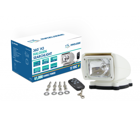 MAZUZEE 360° H3 Halogen Searchlight MZHSL2 with 41,000 candle power output, designed for marine use with full rotation capability, high visibility, and rugged construction for dependable performance. Available in Rimal Marine.