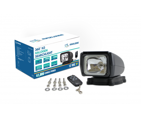 MAZUZEE 360° H3 Halogen Searchlight MZHSL2 with 41,000 candle power output, designed for marine use with full rotation capability, high visibility, and rugged construction for dependable performance. Available in Rimal Marine.

