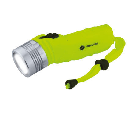 MAZUZEE 3W Super White LED Diving Torch MZDT02 with aluminum head, waterproof design, and bright LED for reliable underwater illumination during dives and marine activities. Available in Rimal Marine.