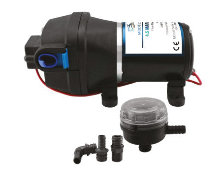 MAZUZEE automatic water pressure pump (4.5 GPM) in 12V and 24V models. Self-priming, low noise, and energy-efficient pump with 40 PSI shut-off pressure. Ideal for marine, RV, and portable water systems requiring consistent, smooth water flow.